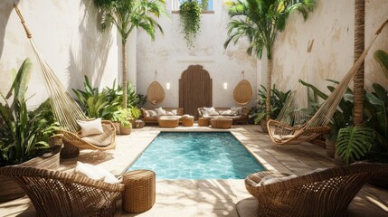 Tranquil pool patio oasis with hammocks and seating