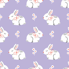 Adorable little bunnies and flowers on a delightful repeating pattern with purple background. Cartoon vector print for children's designs