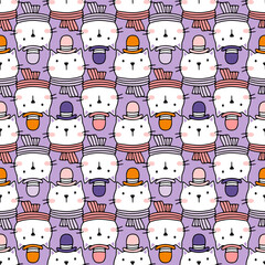 Seamless vector pattern with adorable cartoon cats wearing colorful hats and scarves. Playful and charming illustration, whimsical design on a purple background