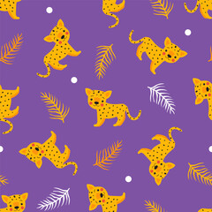 Colorful seamless vector pattern featuring cheerful cartoon cheetahs and fern leaves on a vibrant purple background. Cute design for textiles or wallpapers