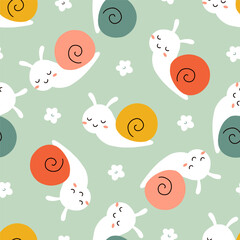 Seamless vector pattern of cute cartoon snails with colorful shells on a green background. Ideal for children's designs and playful themes