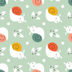 Cute little snails with colorful shells crawling in the garden among plants. Funny seamless vector pattern for children's textile designs