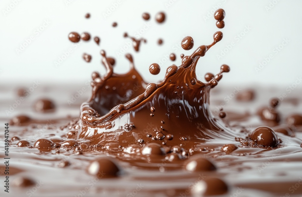 Poster hyper-realistic liquid chocolate splash with flowing textures and droplets on white background