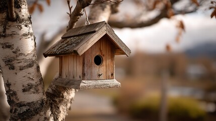 Small, aged birdhouse hangs sweetly in a tree, backdrop with distant hills and sky
