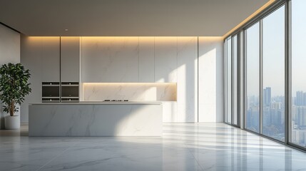 Modern kitchen design with large windows and city view