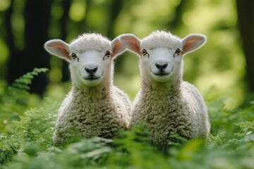 Fototapeta premium Two sheep grazing in green meadow with forest background on a sunny day
