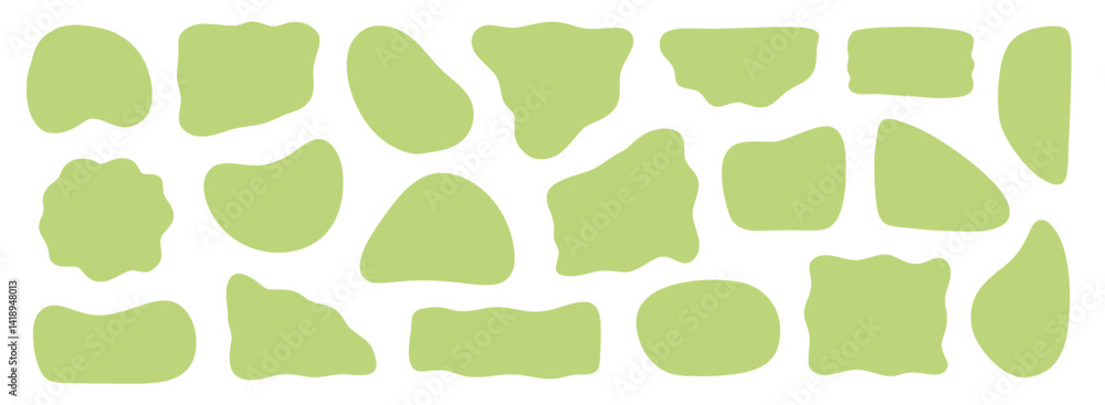 Aufkleber Abstract organic shape round form set. Green color liquid organic blob curve shape figure. Abstract liquid bubble, wavy different form. Soft round oval pattern background. Vector illustration