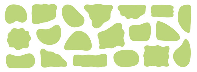 Abstract organic shape round form set. Green color liquid organic blob curve shape figure. Abstract liquid bubble, wavy different form. Soft round oval pattern background. Vector illustration