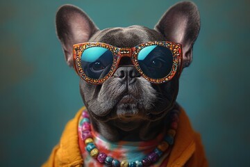 Fototapeta premium Photorealistic French Bulldog with colorful reflective sunglasses vibrant beaded necklace tie dye shirt studio lighting soft shadows centered composition