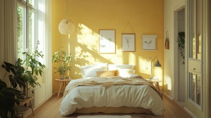 Sunlit bedroom features yellow walls and natural elements