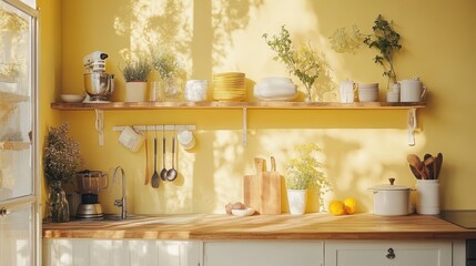 Sunlit yellow kitchen with wooden shelves and assorted decor