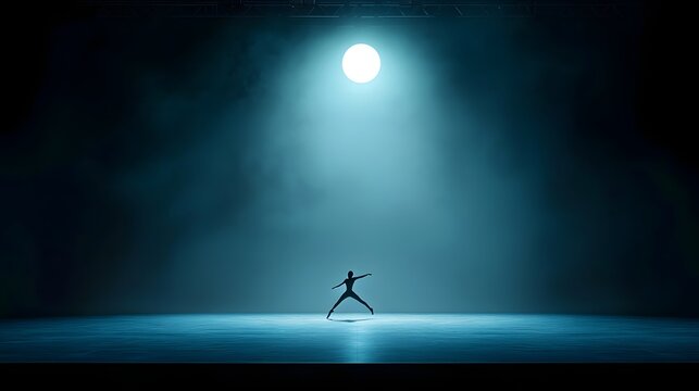 The ethereal silhouette of a dancer gliding effortlessly across an empty stage bathed in the soft otherworldly glow of the cold moonlight  A moment of peaceful solitude and expression
