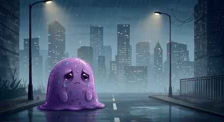 Lonely purple blob in a rainy cityscape reflecting solitude and urban melancholy
