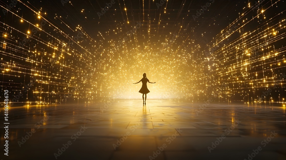 Poster ethereal and captivating spectral dancer surrounded by an endless void illuminated by shimmering gol