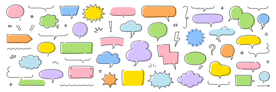 Line frame text speech bubble set. Line balloon frame design talk speech bubble frame. Comic japan style design conversation text dialog balloon, simple doodle thinking cloud. Vector illustration