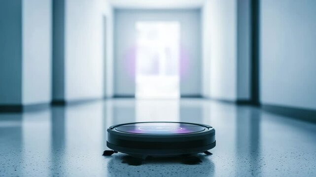 Autonomous Cleaning Robot: A futuristic autonomous vacuum cleaner navigates a minimalist hallway. The robot effortlessly glides across the reflective surface.