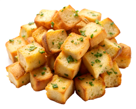 Golden garlic bread croutons on white background
