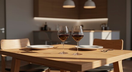 Red Wine Glasses on Table for Two in Modern Dining Setting