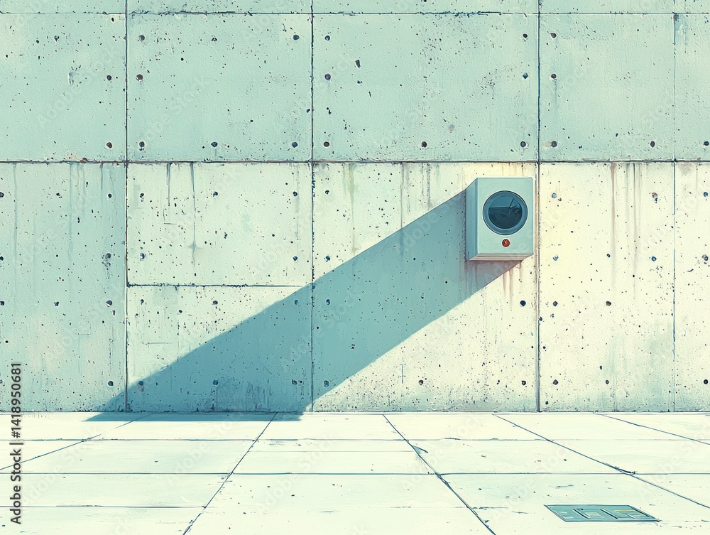 Poster modern concrete wall with a small box-like object casting a long shadow