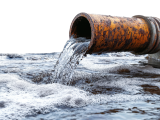 rusty pipe pouring water into river isolated on transparent background