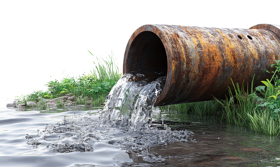 rusty pipe pouring water into river isolated on transparent background
