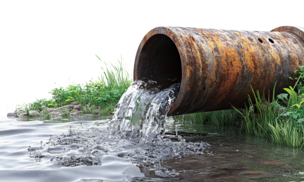 rusty pipe pouring water into river isolated on transparent background