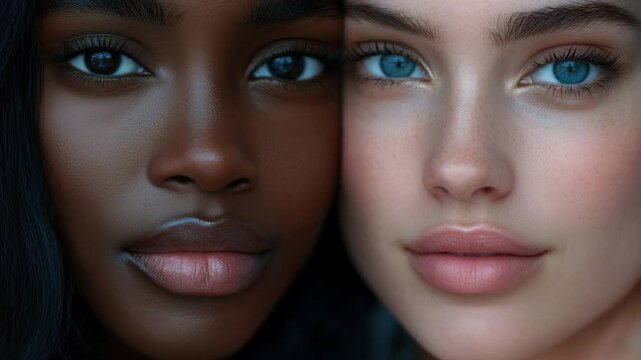 Two women with distinct skin tones pose closely together, celebrating beauty and diversity. Their captivating eyes and expressions reflect confidence and unity in a harmonious setting.