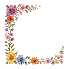 Obraz premium Colorful Floral Corner Frame with Vibrant Blossoms and Greenery on a Transparent Background for Creative Design Projects