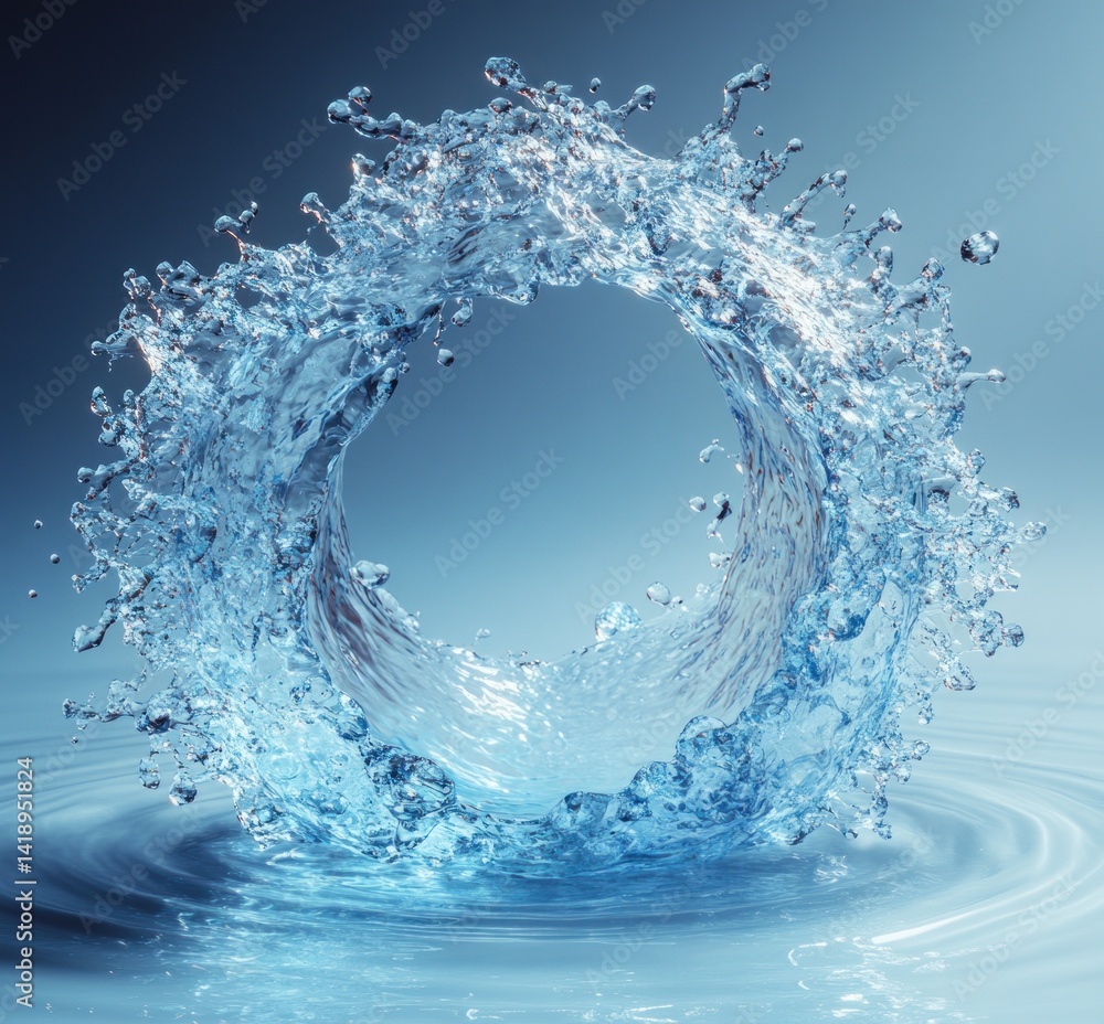 Poster hyper-realistic water splash with circular wave and intricate droplets on white background