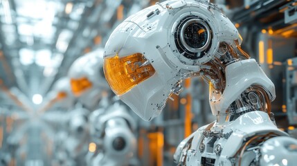 Fototapeta premium Futuristic robots in a highly technological manufacturing facility.