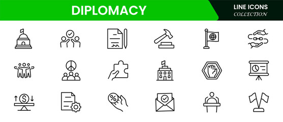 Diplomacy line icons collection. UI icon set in a flat design. Excellent signed icon collection. Thin outline icons pack. Vector illustration