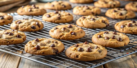Naklejka premium Softly lit cookie monster cookies arranged neatly on a wire rack, with some cookies slightly overlapping each other, and a few crumbs falling off the edges , baking, kitchen setup