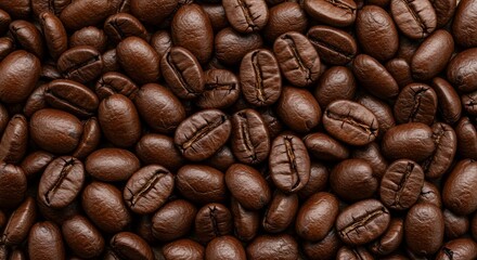 Obraz premium Full frame of tightly clustered dark brown coffee beans, highlighting their roasted appearance