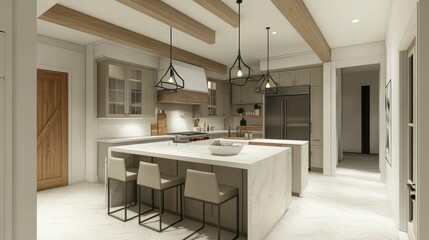 Modern kitchen design features large island with pendant lighting