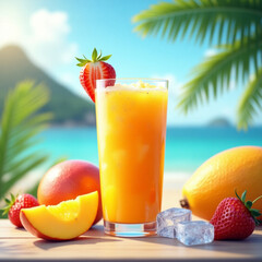a tempting glass of fresh fruit juice, full of bright colors and dew drops on the walls of the glass. In the midst of the hot summer, made from a mixture of ripe mango, sweet orange, and fresh strawbe