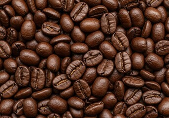 Tightly packed pile of dark brown roasted coffee beans filling the frame with their smooth, slightly glossy texture