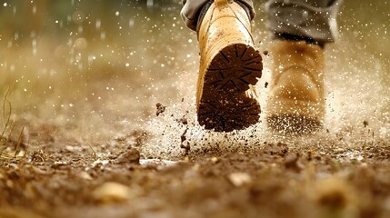 Close up of wet muddy shoes splashing through a rain soaked trail with dramatic lighting enhancing the textural details of the terrain and footwear  Evoking the adventurous spirit of outdoor