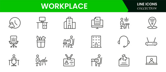Workplace icon outline set. Containing job, working, employee, project, teamwork, employment, meeting, appointment, and more. Vector line icons collection.