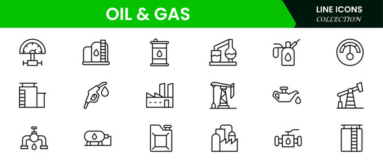 Oil and Gas icon set. Containing fuel, refinery, petroleum, oil well, gas pump, offshore platform, lubricant, oil barrels and more. vector icons collection.