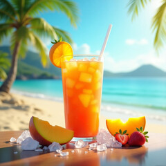 a tempting glass of fresh fruit juice, full of bright colors and dew drops on the walls of the glass. In the midst of the hot summer, made from a mixture of ripe mango, sweet orange, and fresh strawbe