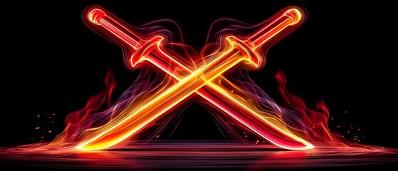 Two crossed swords with glowing, fiery outlines on black background with smoke