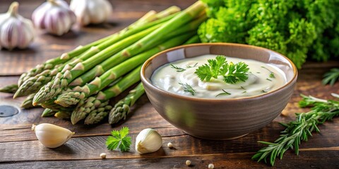 A close-up shot of a bowl with creamy dill and garlic sauce, garnished with fresh parsley and served with steamed asparagus, side dish, garlic sauce