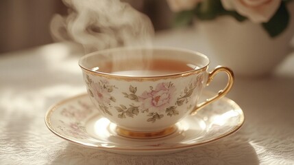 Steaming cup of tea in a floral teacup and saucer on a table.