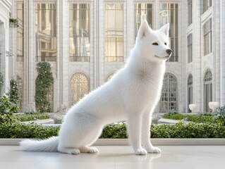 Dog training session sit and stay practice luxurious courtyard high-quality render bright environment close-up perspective