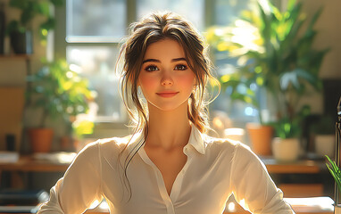 Woman in silhouette looking out the window with sunlight streaming in
