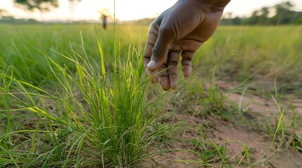 Fingers Grazing Tall Grass in Warm Golden Light Enhancing the Delicate Details and Serene Atmosphere of the Natural Landscape