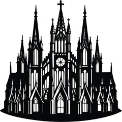 Gothic Cathedral Silhouette Vector: Detailed Black & White Illustration of Medieval Church Architecture with Steeple and Intricate Design