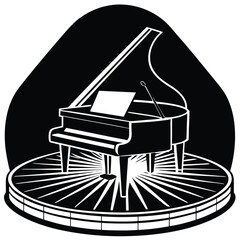 Grand Piano on Stage Vector Illustration: Black and White Musical Instrument Graphic for Concerts, Performances, and Music Education