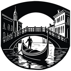 Venice Gondola Ride Black and White Woodcut Illustration: Italian Canal Scene with Bridge, Gondolier, and Traditional Architecture Artwork