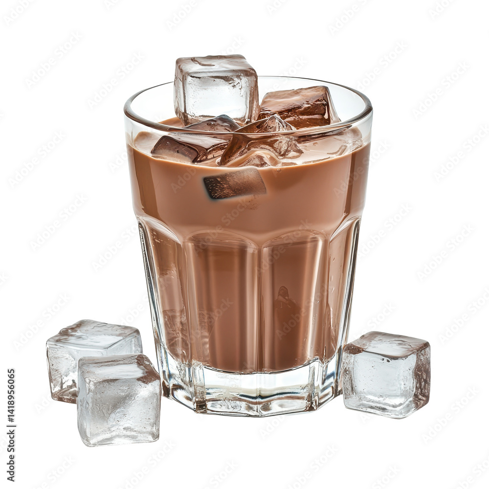 Poster delicious glass of cocoa with ice cubes isolated on a white background for refreshing summer enjoyme
